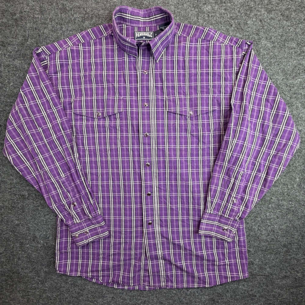 Panhandle Western Shirt Mens M Purple Plaid Slim Fit Pearl Snap Rodeo Cowboy